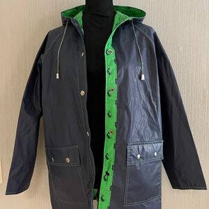 Vintage 80s Reversible Whale Print Raincoat Hooded Navy Green Rain Jacket Sz S/M